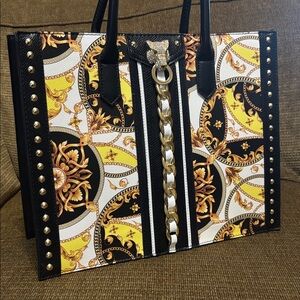 NWOT!! Aldo Black & Yellow Patterned Tote Bag with Gold Chain Accent